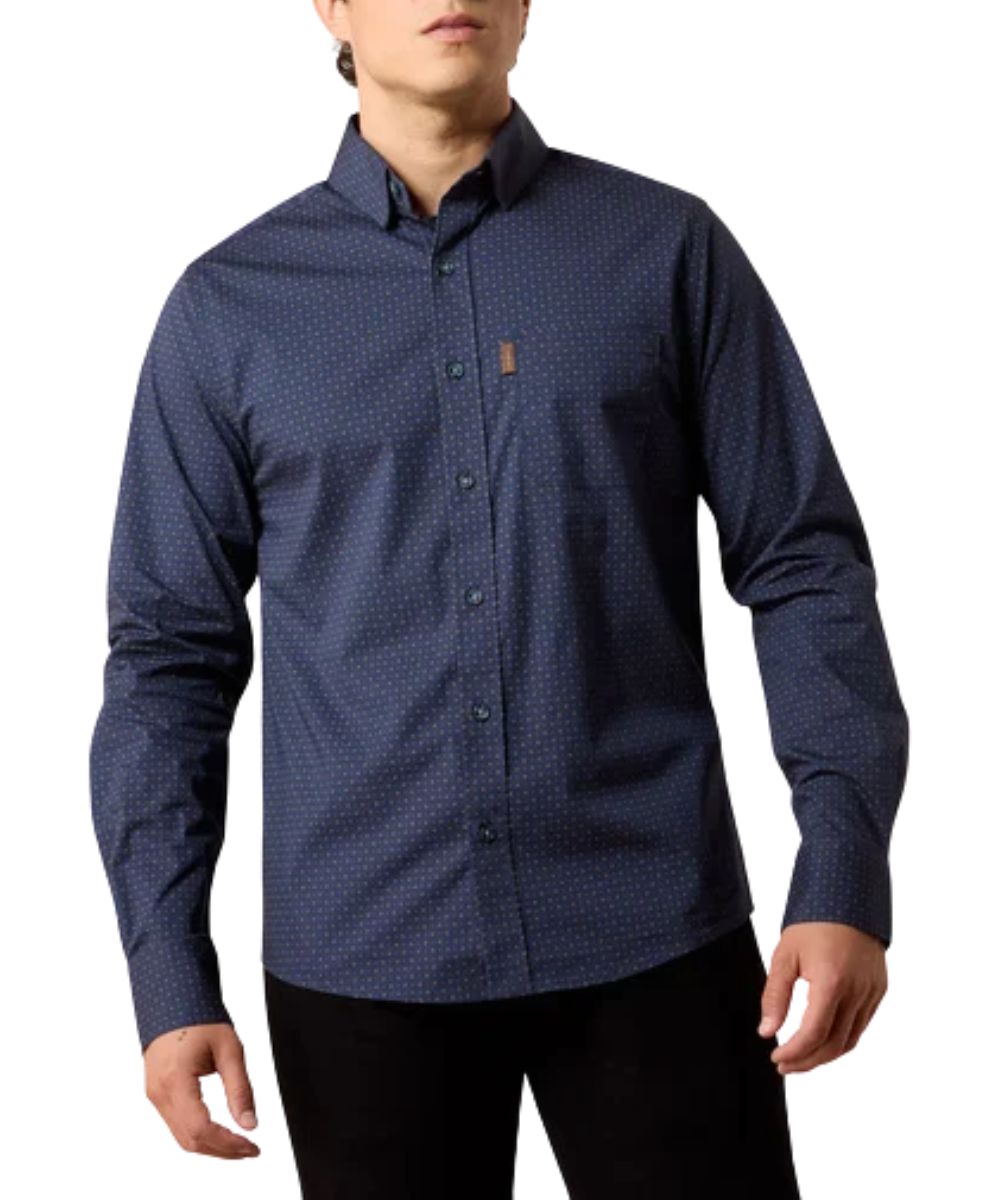 Front view of the men's Ariat Maxx Modern Slim Fit Button Down Shirt featuring the navy color with mini geometric print