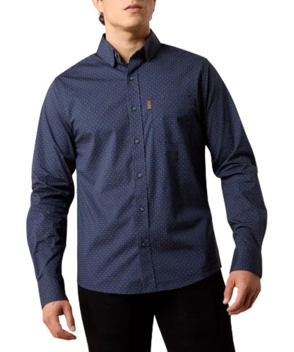Front view of the men's Ariat Maxx Modern Slim Fit Button Down Shirt featuring the navy color with mini geometric print