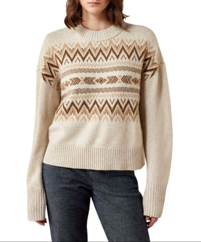 Front view of the women's Ariat Oatmeal Heather Lodge Sweater featuring the chunky gauge knit western fair-isle design