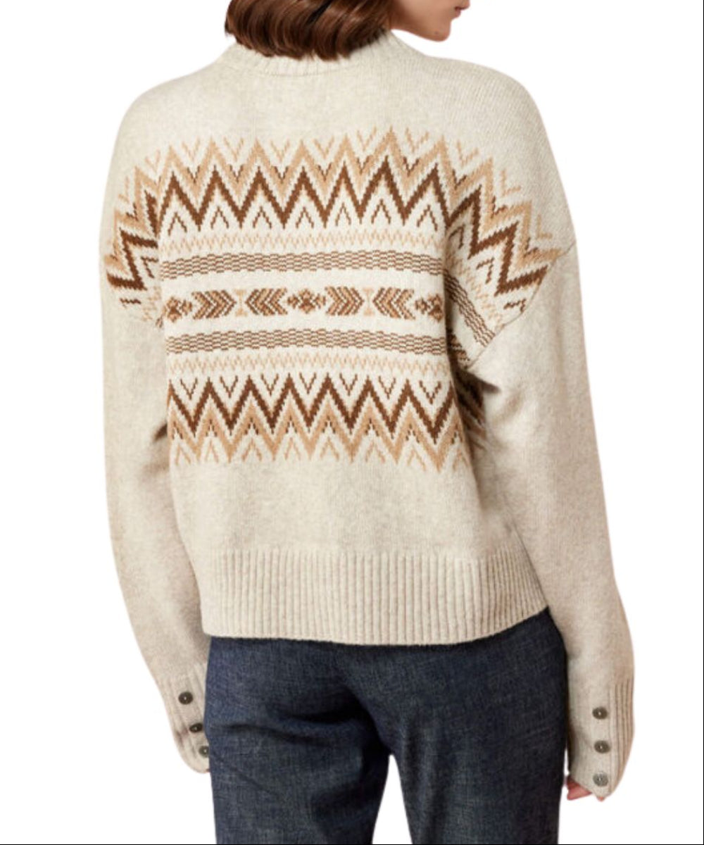 Back view of the women's oatmeal heather lodge sweater featuring the western metal buttons at the cuffs