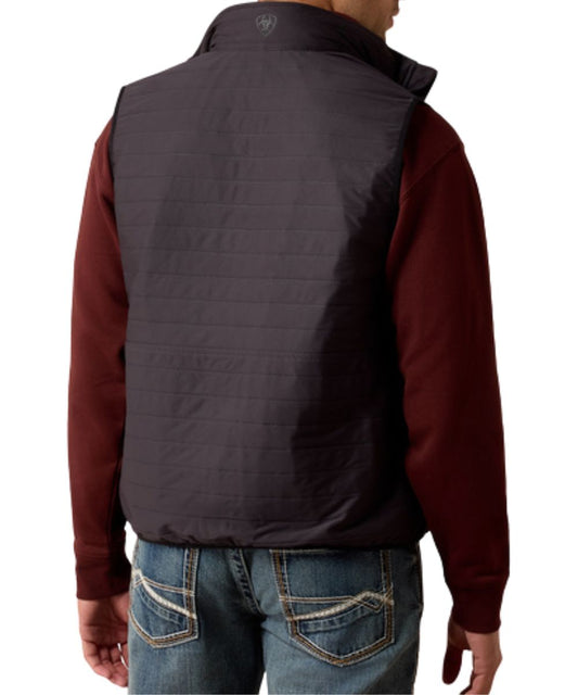 Back view of the men's sleeveless obsidian vest featuring the solid print, water-repellent finish, and logo embroidery