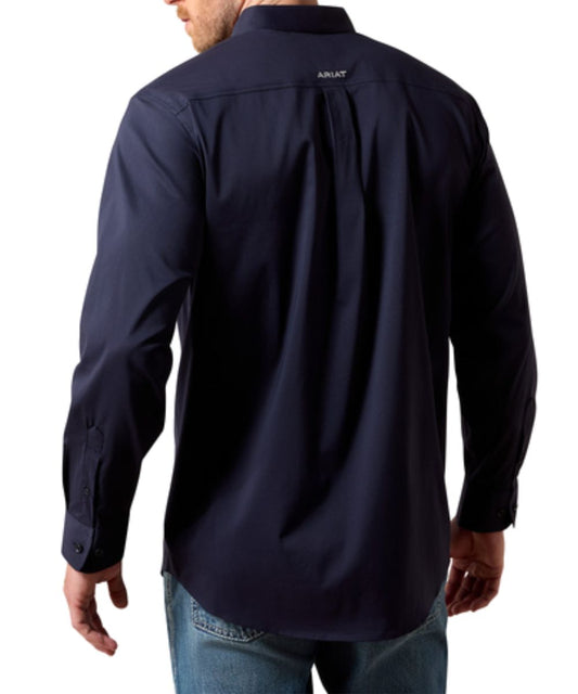 Back view of the men's navy solid print classic fit long sleeve button down featuring the straight back yoke with box pleat