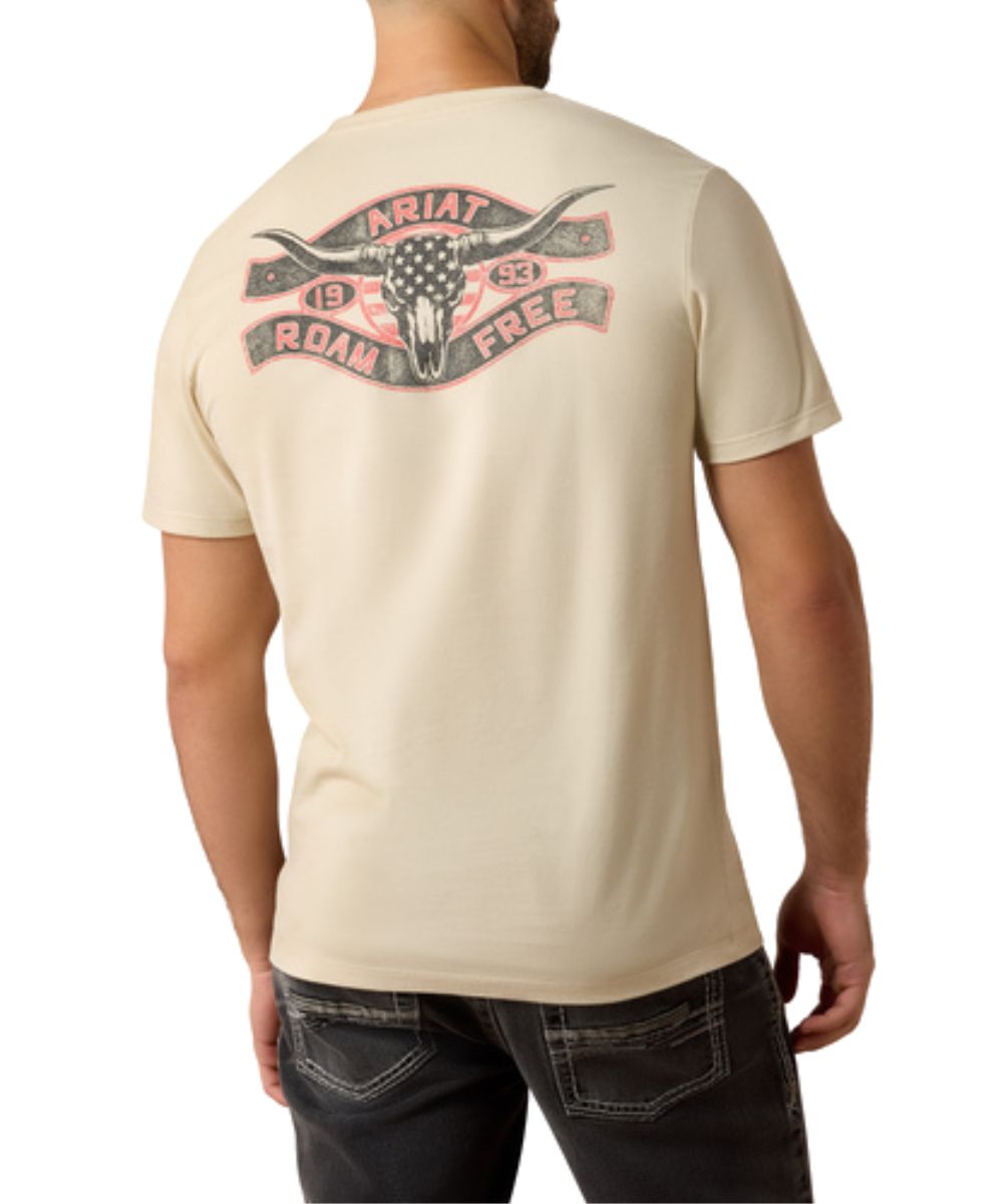 Back view of the men's Ariat Natural Steer Freedom Tee featuring the steer skull graphic that reads: "Ariat Roam Free 1993"