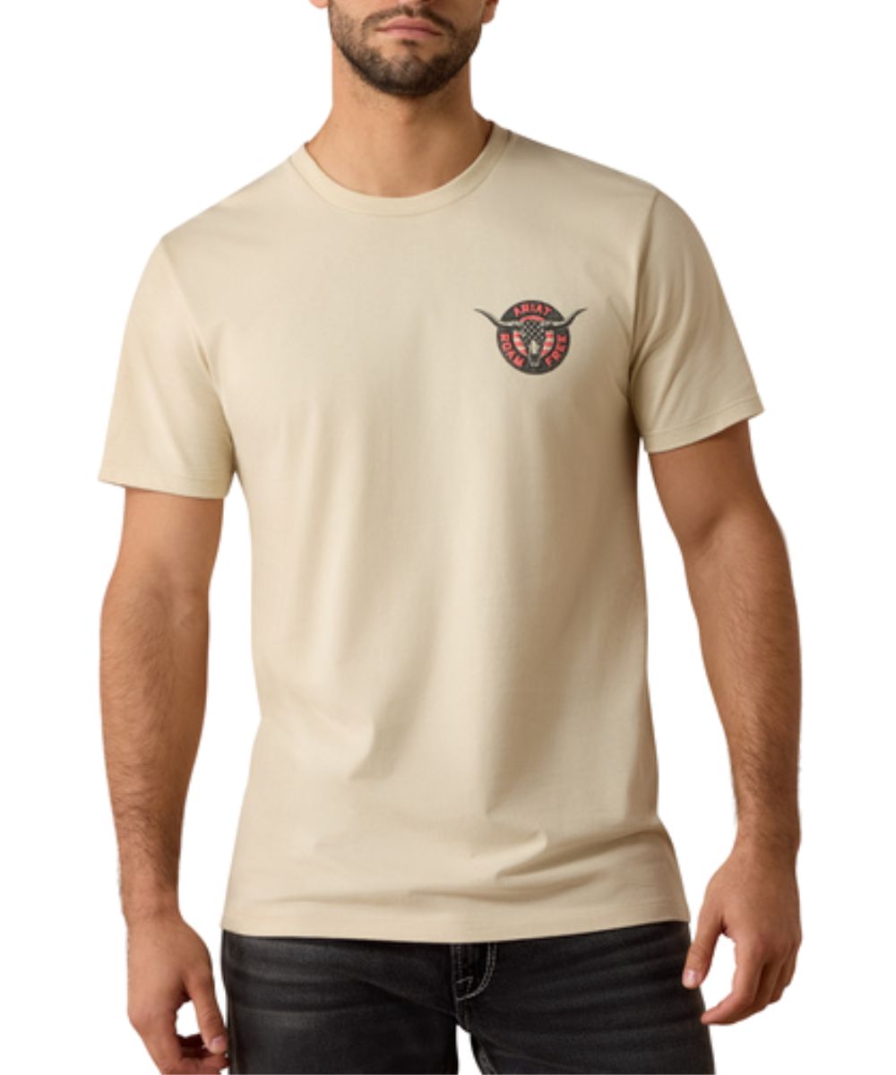 Front view of the men's short sleeve t-shirt in natural featuring the small logo screen printed on the left chest