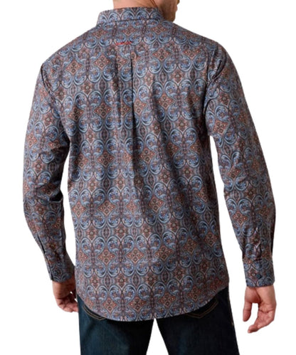 Back view of the men's blue long sleeve button down shirt featuring the paisley print and straight back yoke with box pleat