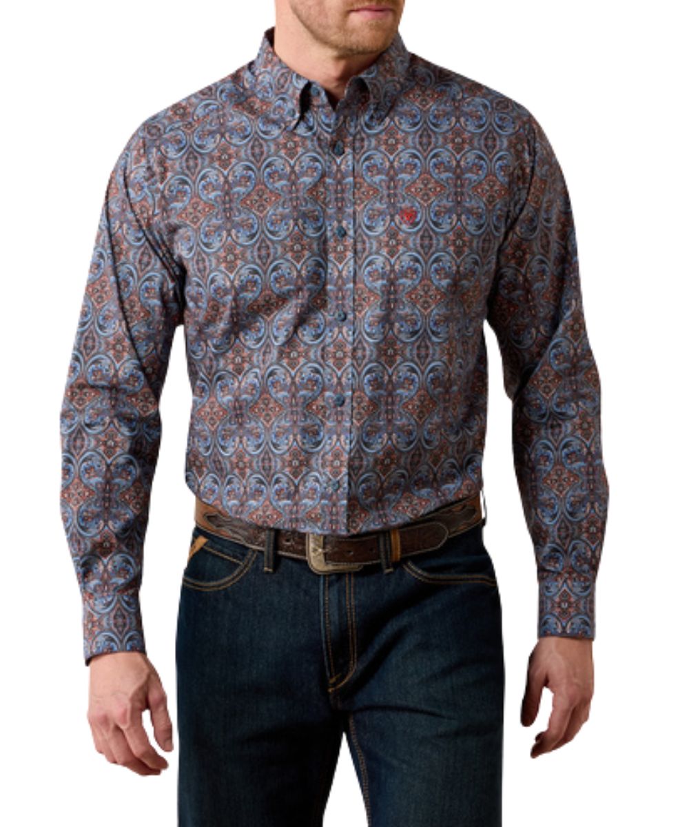 Front view of the men's blue Ariat Cypress Button Down Shirt featuring the classic fit with extra length, button down collar, chest pocket, and quiet harbor paisley print