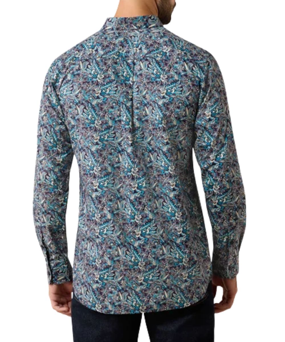 Back view of the men's long sleeve blue and purple paisley print button down shirt featuring the straight back yoke and box pleat