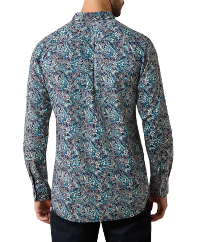 Back view of the men's long sleeve blue and purple paisley print button down shirt featuring the straight back yoke and box pleat