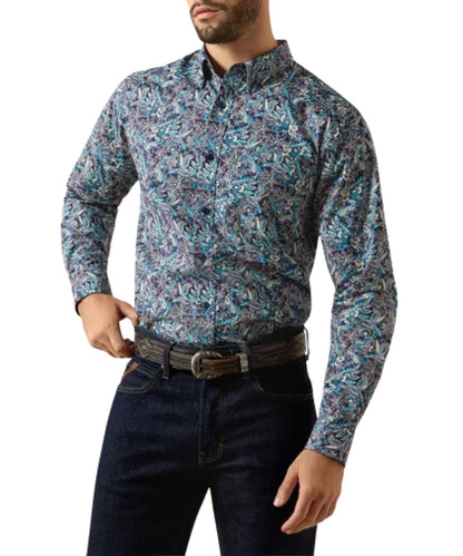 Front view of the men's Ariat Purplavy Paisley Clem Button Down Shirt featuring the slim fit and extra length in the body and sleeves