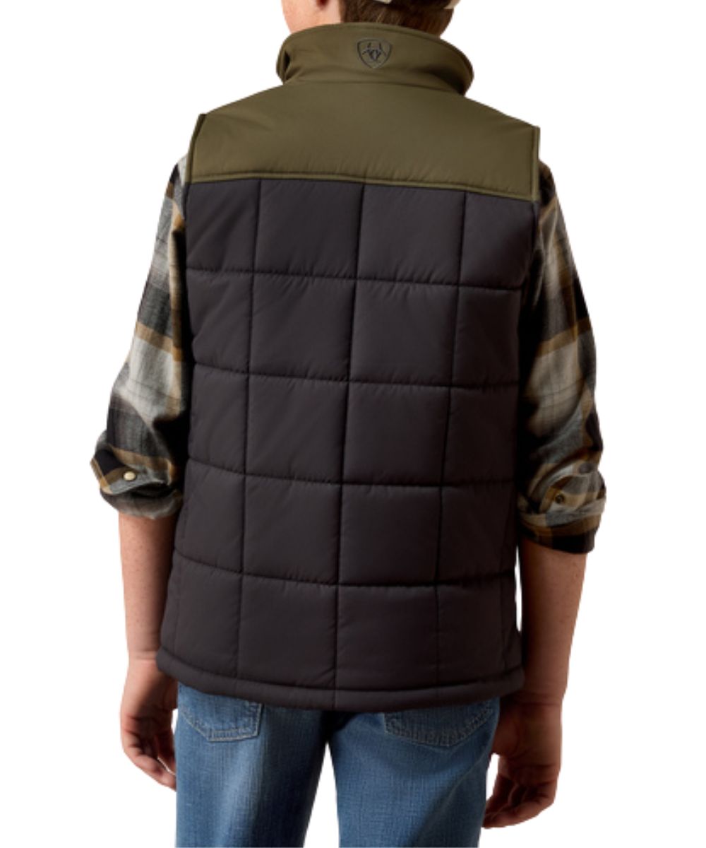 Back view of the boy's phantom insulated vest featuring the olive color blocked yoke