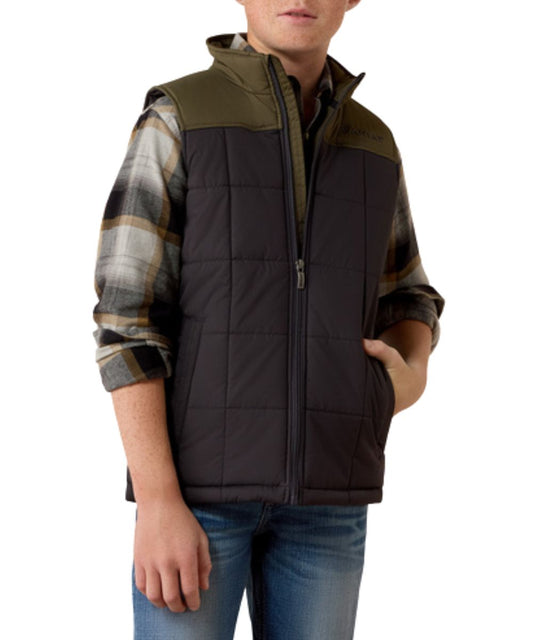 Front view of the boy's Ariat Phantom Crius Insulated Vest featuring the zip-up closure and hand pockets