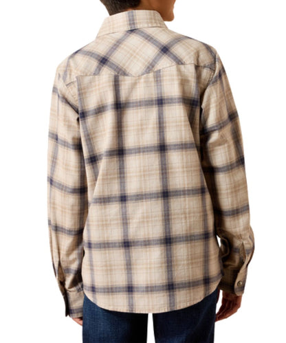 Back view of the boy's long sleeve snap shirt featuring the peyote/beige color, plaid print, and western yokes