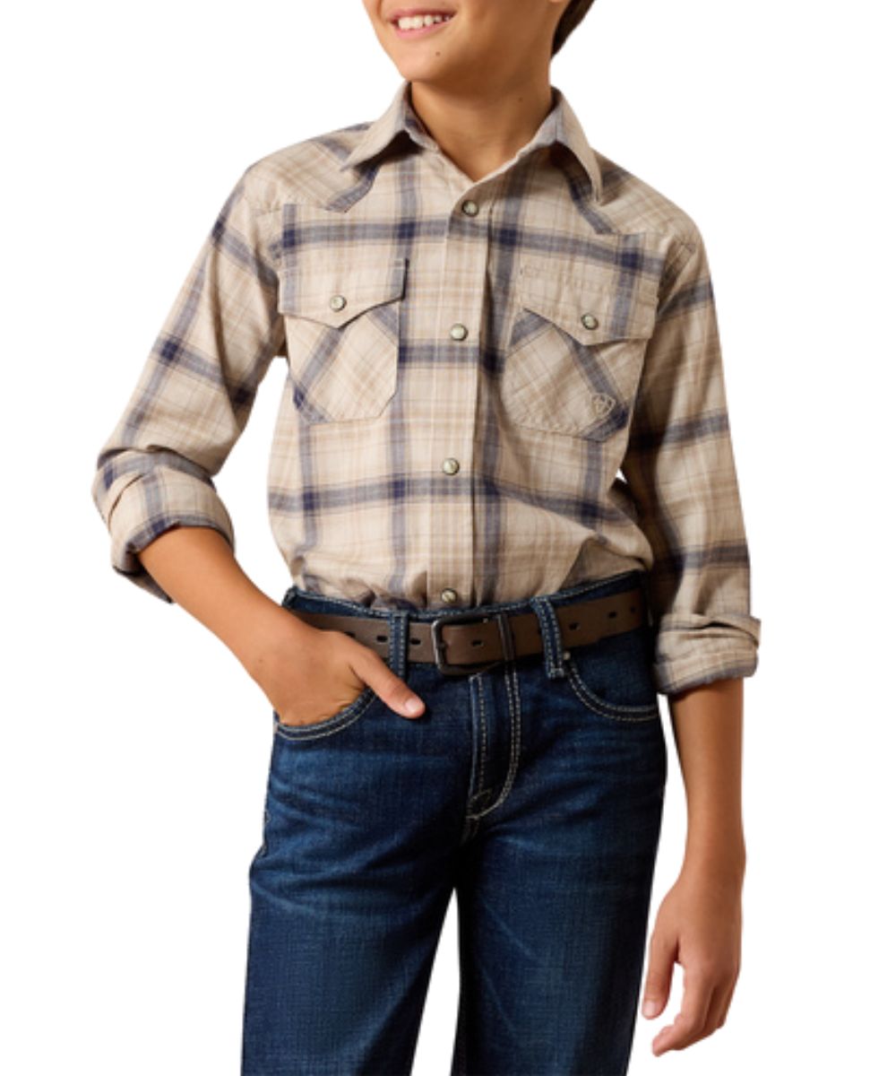 Front view of the boy's Ariat peyote plaid snap shirt featuring the long sleeves, chest pockets, and plaid print