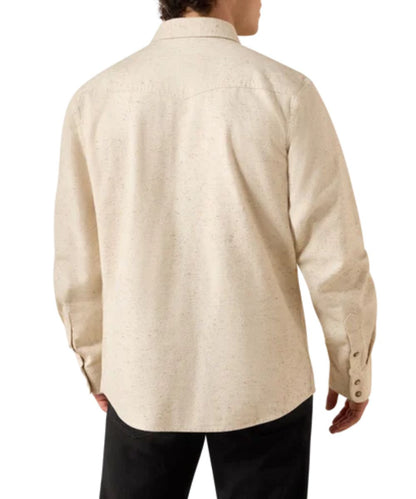 Back view of the men's peyote long sleeve snap shirt featuring the single point back yoke and double-snap cuffs