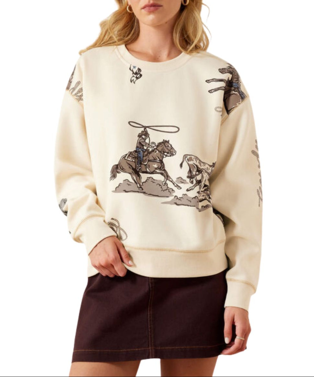 Front view of the women's Ariat Parchment Racher Sweatshirt featuring the western-inspired roping artwork