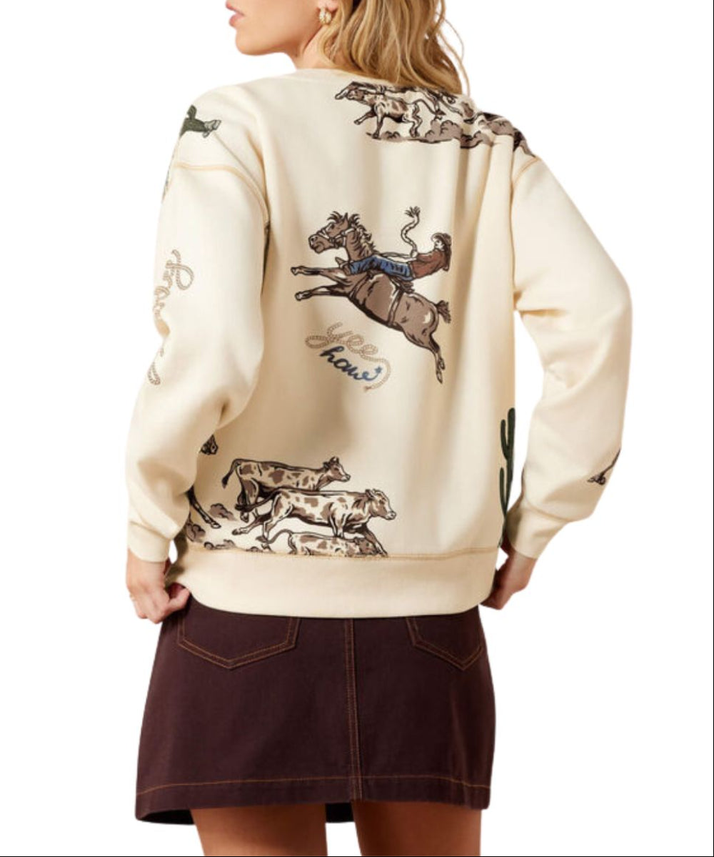 Back view of the women's parchment-colored crew neck long sleeve sweatshirt featuring the bucking horse artwork and text that reads: "yeehaw" on the back