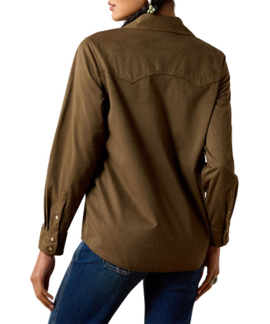Back view of the women's olive green faux suede snap shirt featuring the double pointed back yoke