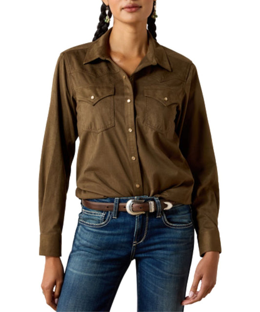 Front view of the women's Ariat Autumn Drift Olive Suede Western Snap Shirt featuring the western yokes and pearl snap closure