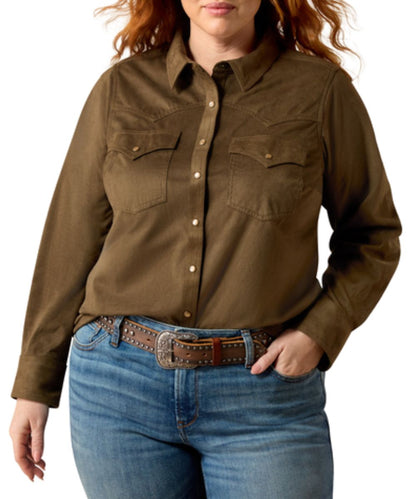 Plus size model view of the women's olive green suede snap shirt