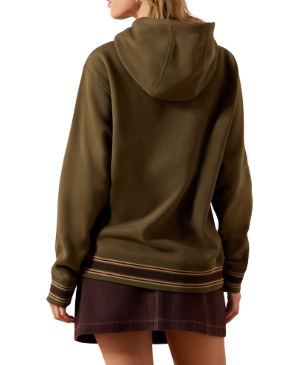Back view of the women's ivy green long sleeve hooded sweatshirt featuring the striped rib knit trim
