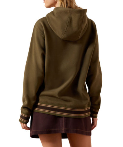 Back view of the women's ivy green long sleeve hooded sweatshirt featuring the striped rib knit trim