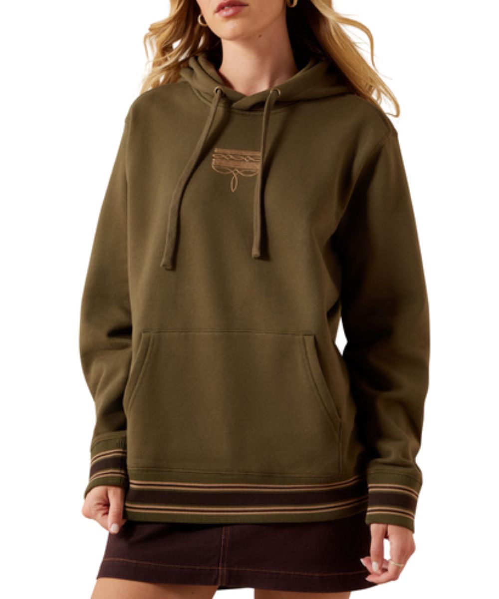 Front view of the women's Ariat Threaded Through Hoodie featuring the western embroidered design on the center chest