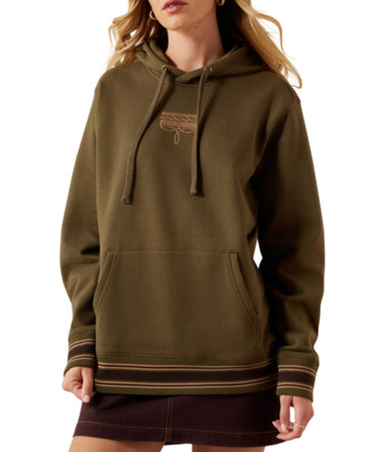 Front view of the women's Ariat Threaded Through Hoodie featuring the western embroidered design on the center chest