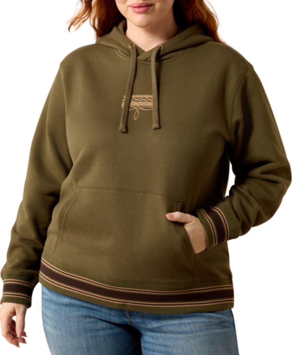 Plus size view of the women's long sleeve hooded sweatshirt featuring the kangaroo pocket and hooded collar with adjustable drawstring