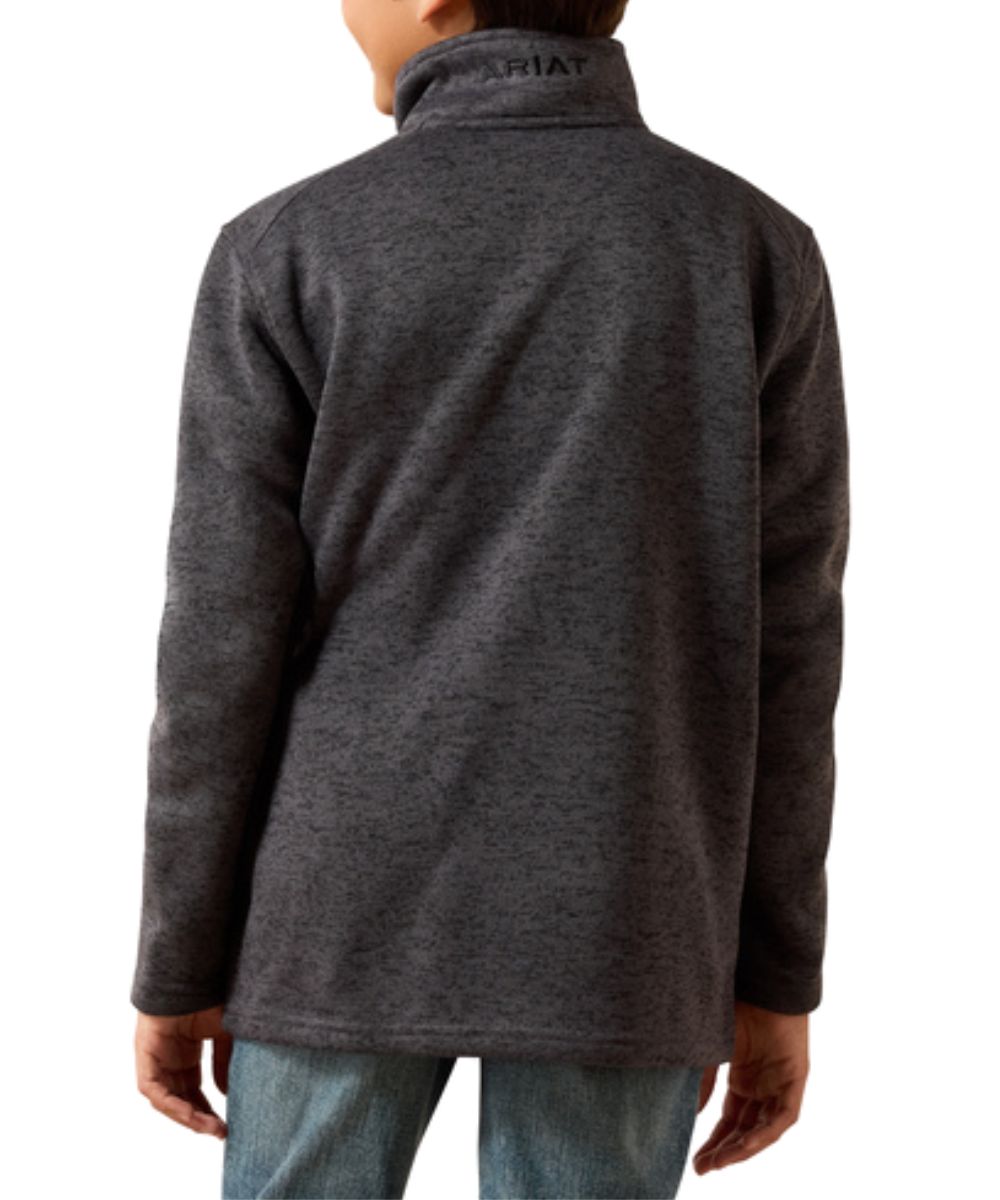 Back view of the boy's long sleeve sweater featuring the iron gate/grey color and the mock collar with logo embroidery on the back