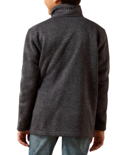 Back view of the boy's long sleeve sweater featuring the iron gate/grey color and the mock collar with logo embroidery on the back