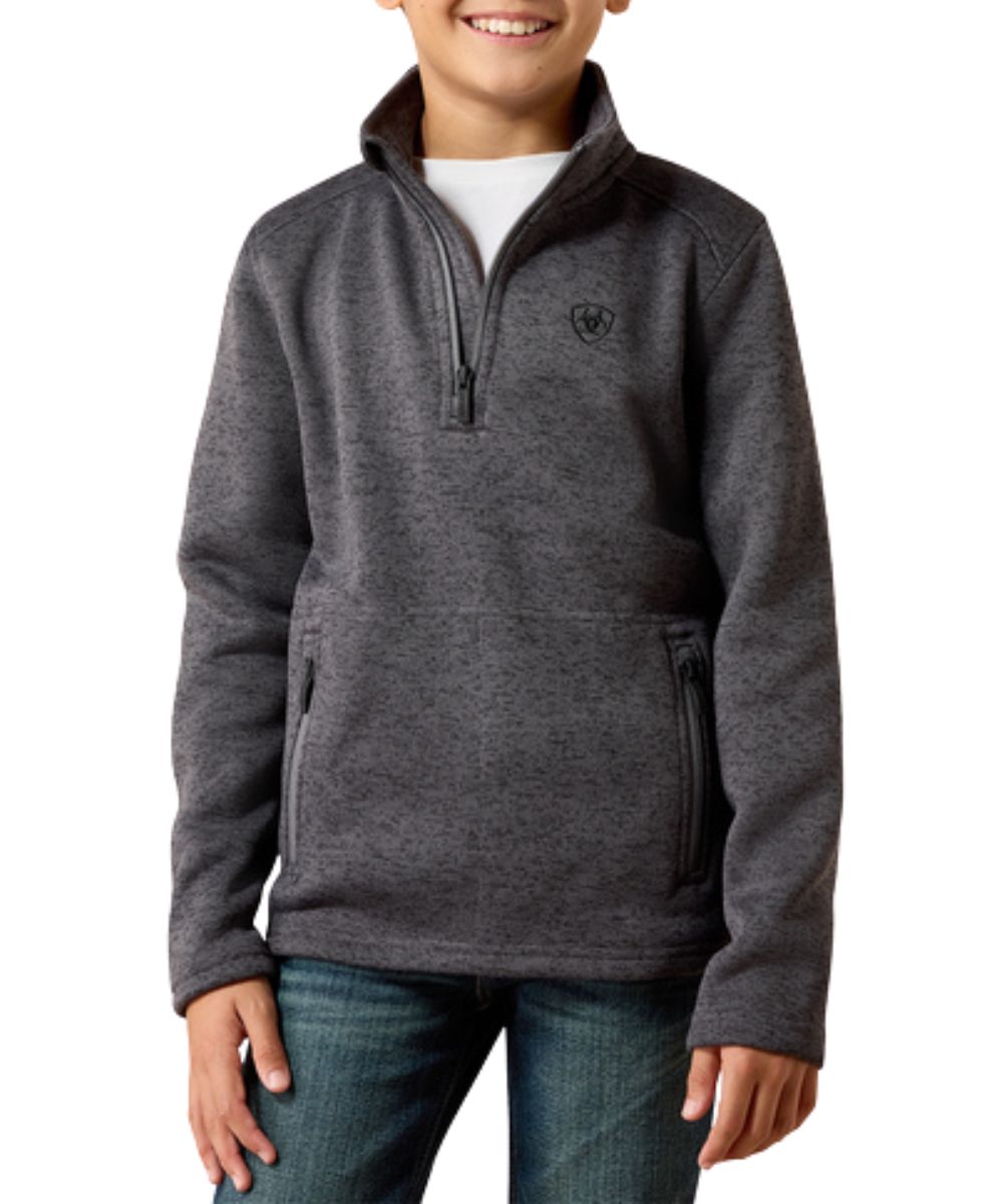 Front view of the boy's iron gate Ariat long sleeve pullover sweater featuring the mock collar, 1/4 zip closure, and zippered hand pockets