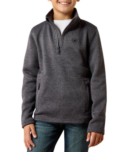 Front view of the boy's iron gate Ariat long sleeve pullover sweater featuring the mock collar, 1/4 zip closure, and zippered hand pockets