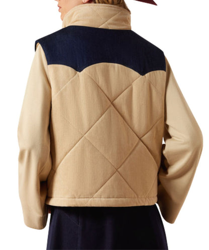 Back view of the women's irish cream vest featuring the double pointed back denim yoke