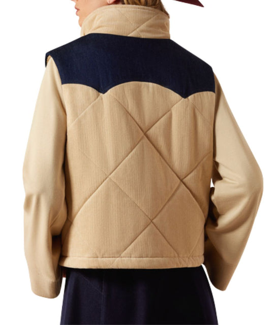 Back view of the women's irish cream vest featuring the double pointed back denim yoke