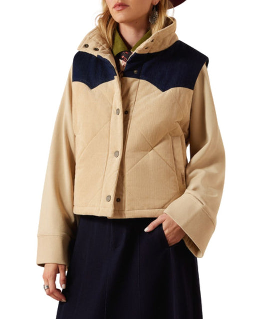 Front view of the women's Ariat Irish Cream Dalton Vest featuring the corduroy body with color blocked denim yokes