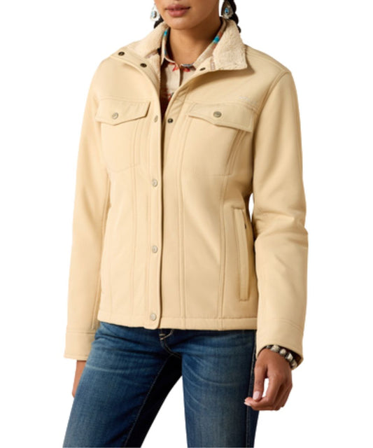 Front view of the women's Ariat Berber Back Softshell Jacket in irish cream featuring the snap-front closure and cuffs, zippered chest pocket, and snap flap chest pockets