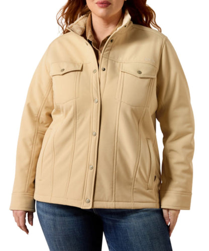 Plus size model view of the women's berber back softshell jacket in irish cream