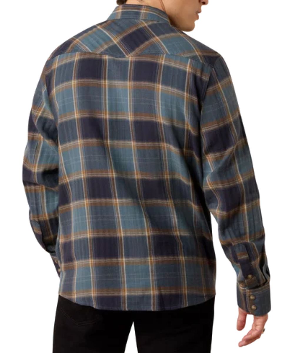 Back view of the men's long sleeve snap shirt featuring the straight back yoke and inkwell/blue and brown plaid print
