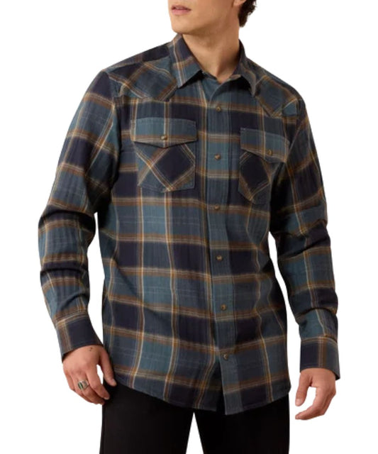 Front view of the men's Ariat Retro Inkwell Plaid Harbert Fitted Snap Shirt featuring the slim fit, blue plaid print, and bull horn snaps