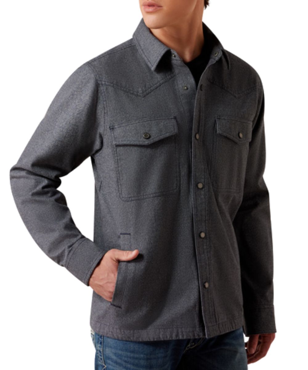 Front view of the men's Ariat Inkwell Menswear Shirt Jacket featuring the snap front closure, hand and chest pockets, and western detailing