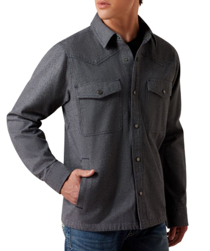 Front view of the men's Ariat Inkwell Menswear Shirt Jacket featuring the snap front closure, hand and chest pockets, and western detailing