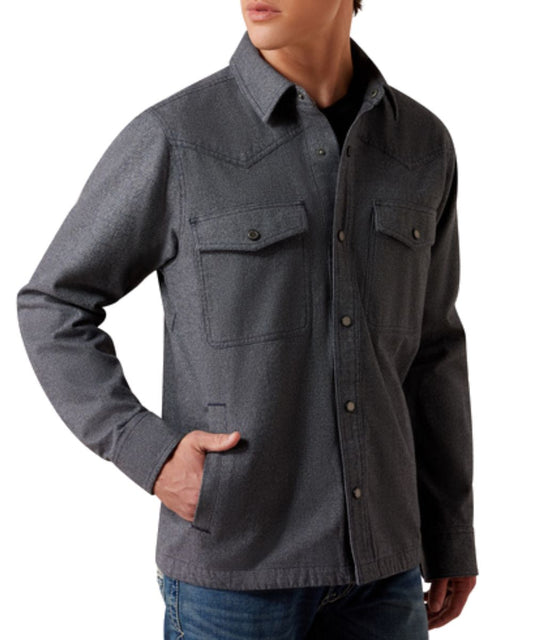 Front view of the men's Ariat Inkwell Menswear Shirt Jacket featuring the snap front closure, hand and chest pockets, and western detailing