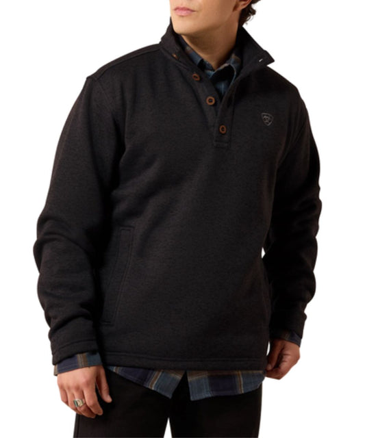 Front view of the men's Ariat Phantom Caldwell 1/4 Button Sweater featuring the open hand pockets