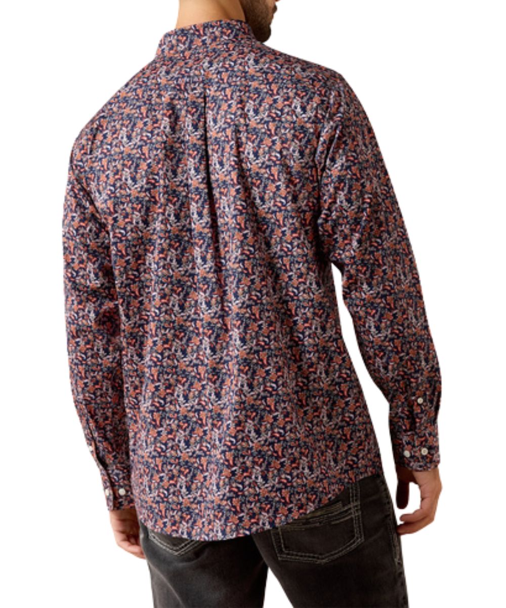 Back view of the men's long sleeve button down shirt featuring the maritime blue vine print, straight back yoke with box pleat, and taped interior seams