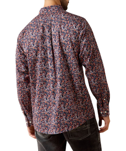Back view of the men's long sleeve button down shirt featuring the maritime blue vine print, straight back yoke with box pleat, and taped interior seams
