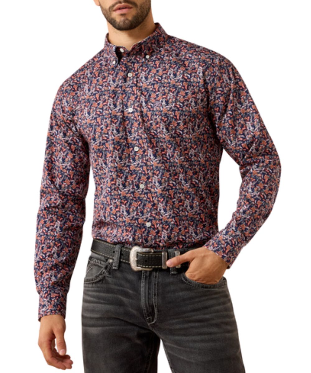 Front view of the men's maritime blue Ariat Wrinkle Free Ward Classic Fit Button Down Shirt featuring the vine print, extra length in the body and sleeves, chest pocket, and button down collar