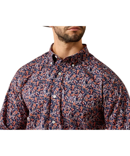 Close-up view of the maritime blue vine print, chest pocket, white buttons, and button down collar