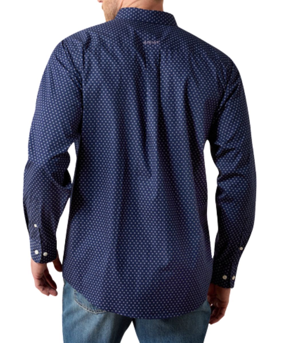 Back view of the men's blue/navy long sleeve button down shirt featuring the geometric print and straight back yoke with a box pleat