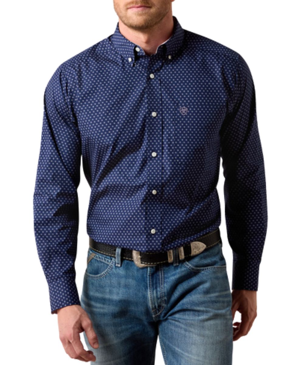Front view of the men's maritime blue Ariat long sleeve button down shirt featuring the classic fit with extra length, wrinkle resistance, button down collar, and chest pocket