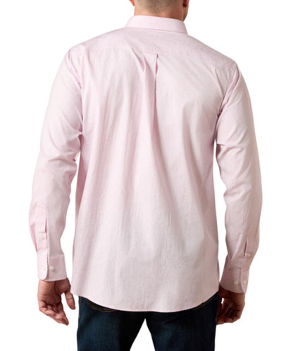 Back view of the men's lilac button down shirt featuring the straight back yoke with a box pleat and wrinkle resistance